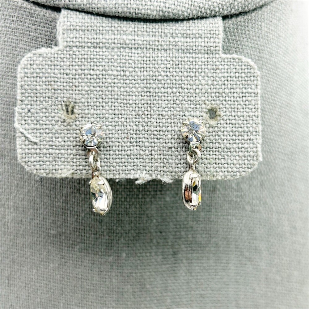 Vintage Clear Rhinestone Dangle Screw Back Earrings Silver Tone Bridal Classic